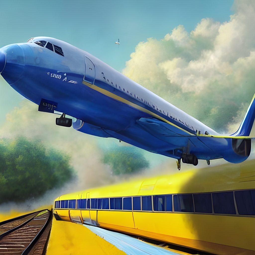 Illustratie van een vliegtuig boven een trein