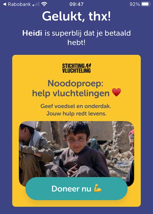 Screenshot van het "betaling succes" scherm van Tikkie met onderin de oproep om te doneren aan Stichting Vluchteling.