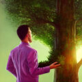 Een man in roze shirt staand bij een boom