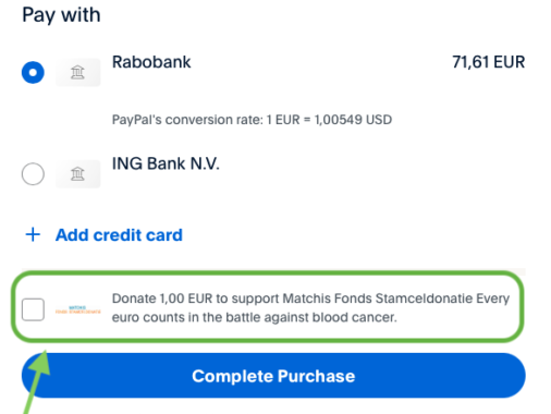 Screenshot van de Paypal betaalpagina waar je alleen nog maar een vinkje hoeft te zetten om 1 euro te doneren aan een goed doel